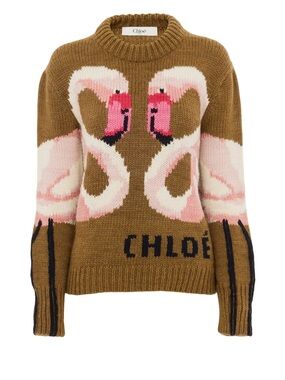 Chloé Wool Crew-Neck Flamingo Logo Sweater NWT